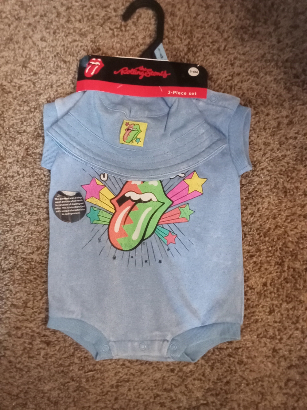 the Rolling Stones Light Blue Baby Graphic Bodysuit with Multicolor Tongue